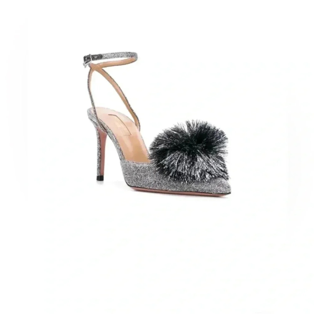 AQUAZZURA SILVER POMPOM SLINGBACK SANDALS - Picture 1 of 10
